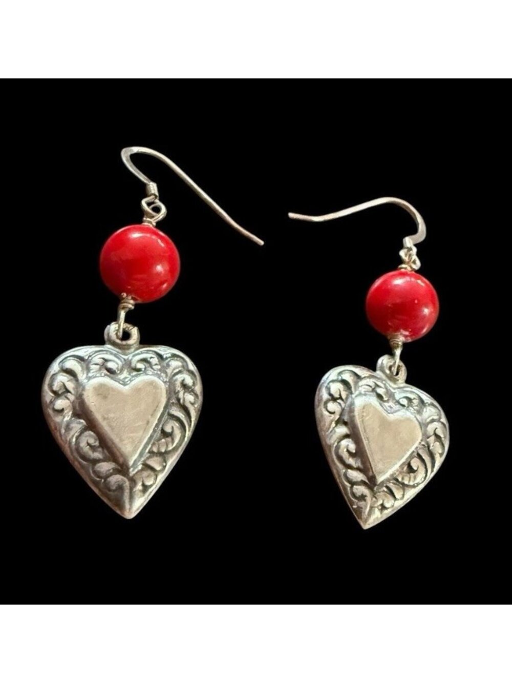 Sterling Silver Puffy Scrollwork Heart Red Coral Bead Dangle Earrings 925